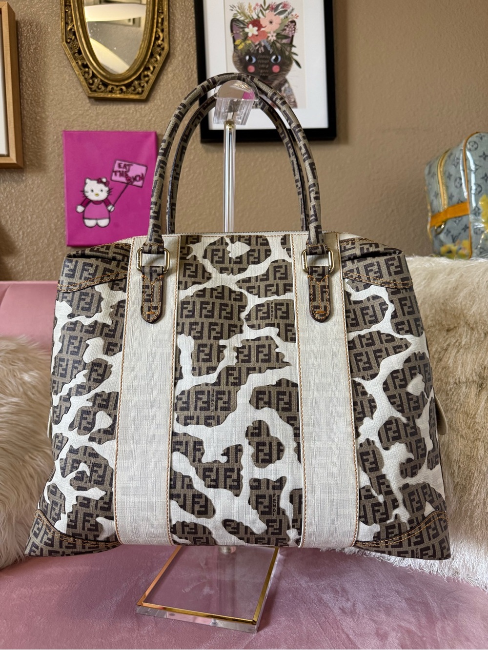💯Auth FENDI Zucca Brown /White FF Logo Canvas Tote Satchel VINTAGE Leopard Print